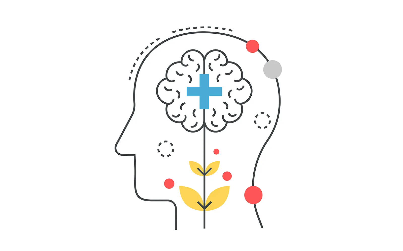 a cartoon infographic of a human head thinking with cogs and shapes.